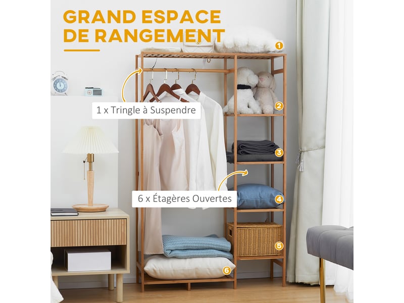 Portant à vêtements en bambou avec étagère de rangement à 6 niveaux et tringle de suspension, bois naturel, 90x30x145cm - Conforama D