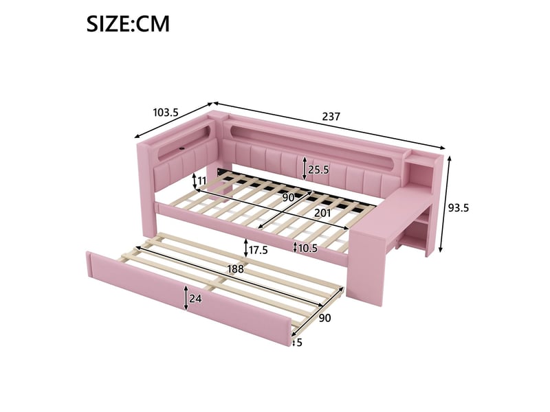  Lit gigogne 90 x 200 cm rembourré ports usb éclairage led bureau intégré rose  - Conforama C