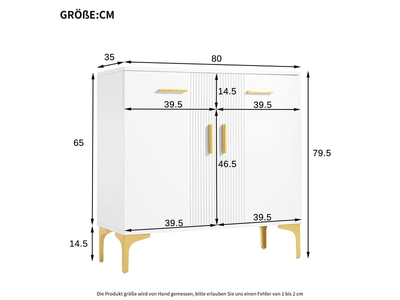  Buffet design contemporain blanc avec pieds métalliques, 2 portes et 2 tiroirs, meuble de rangement pour salon ou salle à manger - 80x35x79.5 cm  - Conforama E