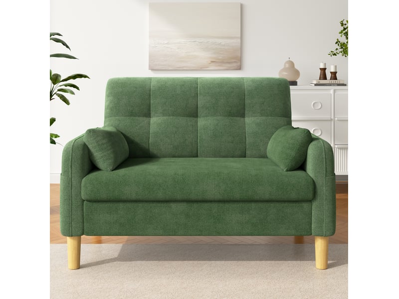  Canapé deux places modenvie en chenille vert avec 2 coussins et poche de rangement latérale 119 x 78 x 85 cm  - Conforama D