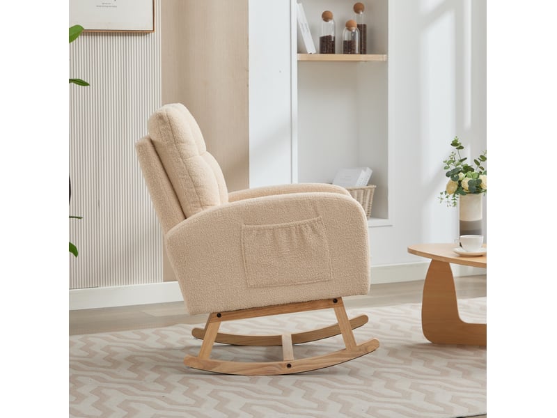  Fauteuil à bascule 132x50x99 cm avec repose-jambes coulissant, bois et métal, beige  - Conforama D