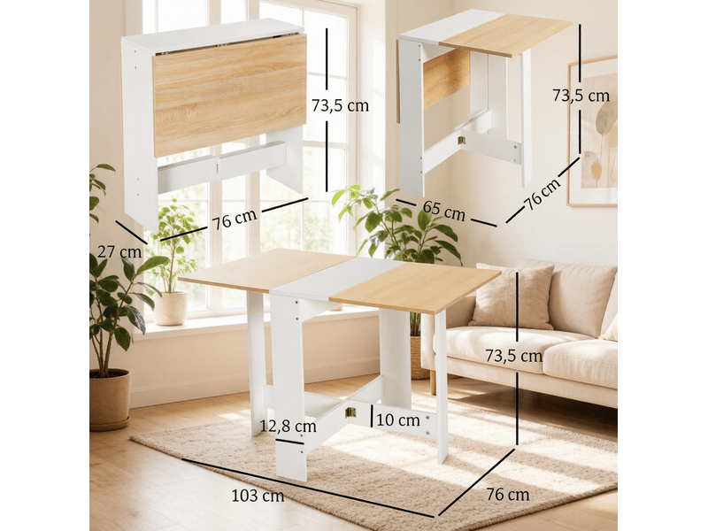  Table à manger pliable bicolore blanc et chêne clair, plateau rabattable des deux côtés  - Conforama C
