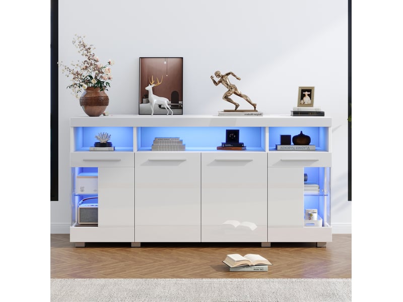  Buffet bas blanc 140 x 40 x 70 cm avec éclairage led et portes en verre trempé  - Conforama C