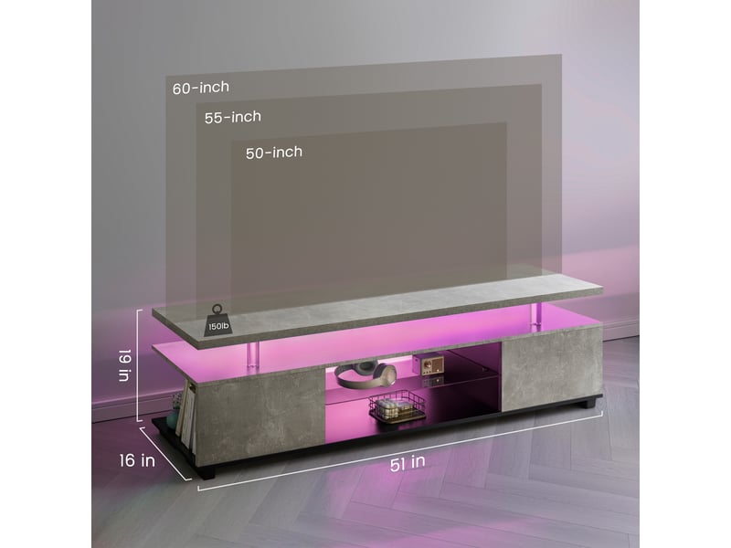  Meuble tv 60 pouces, meuble tv gaming led avec rangements, console multimédia gris et noir en mdf, 130x40x48 cm.  - Conforama C