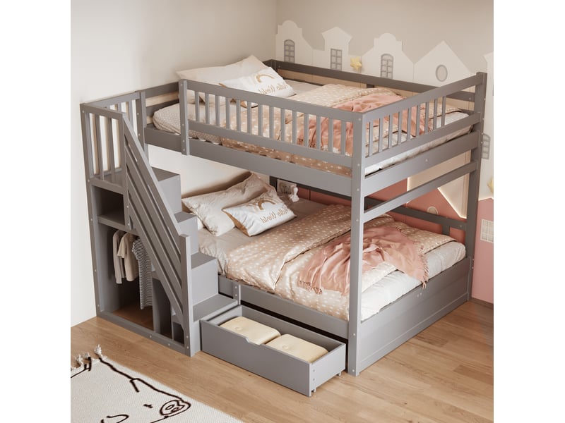  Lit superposé enfant 140x200 cm avec rangements et sommiers à lattes, gris  - Conforama B