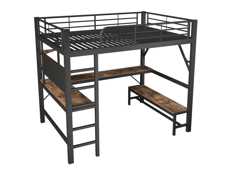  Lit mezzanine, 160 x 200 cm, structure en fer, bureau, rambarde, échelle, étagères multiples, prises usb et type-c, bande led, panneau perforé, matelas non inclus, noir  - Conforama D