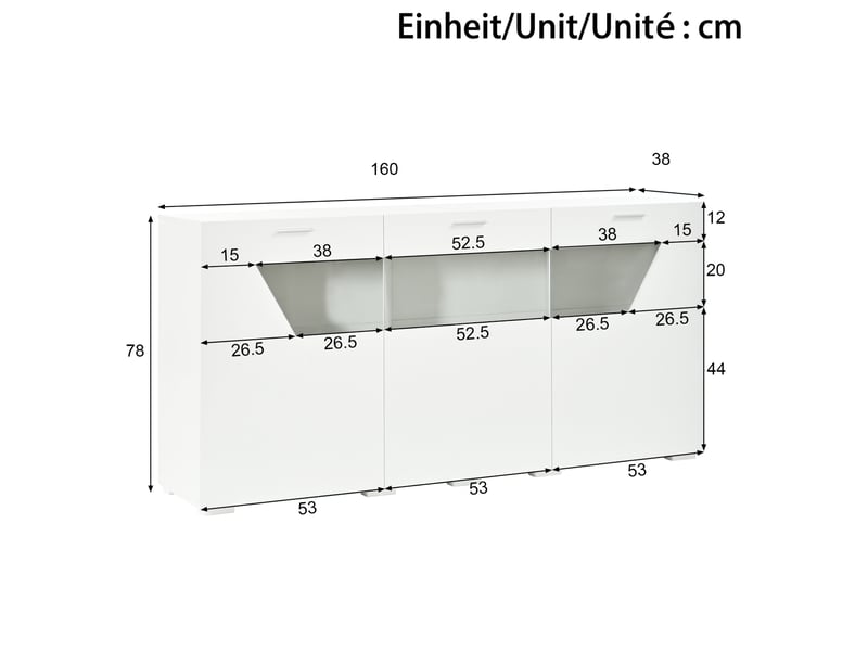  Buffet 160x38x78 cm à 3 portes, éclairage led contrôlé par application, panneau de particules blanc  - Conforama E