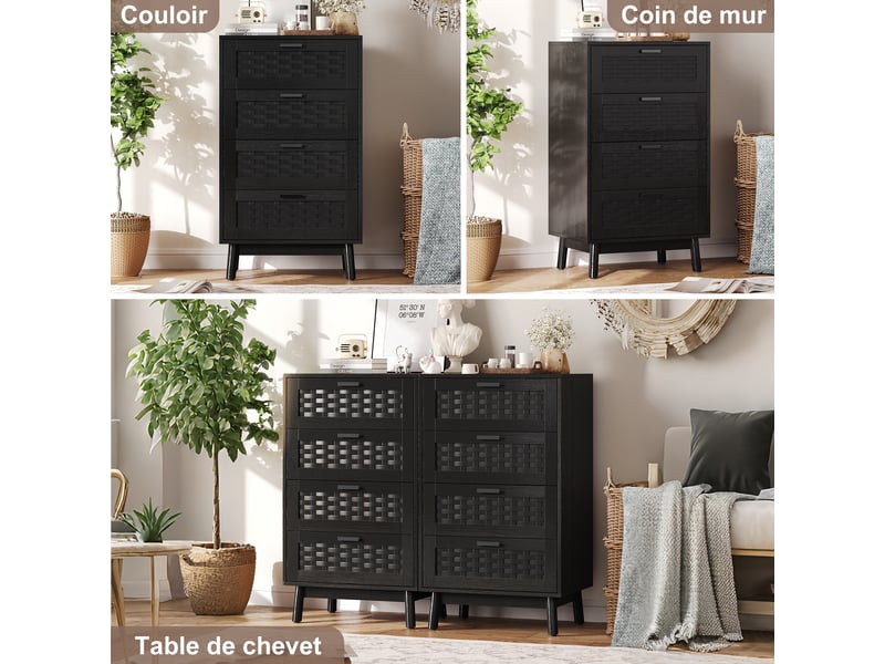 Commode noir avec 4 tiroirs, meuble de rangement en bois et rotin, commode chambre cannage scandinave 55x40x95 cm - Conforama R