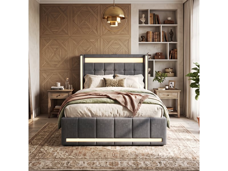  Dreammespace lit simple 90x200 cm avec 2 tiroirs et prises usb type-c éclairage led sommier à lattes chambre tissu lin gris DreamMespace - Conforama C