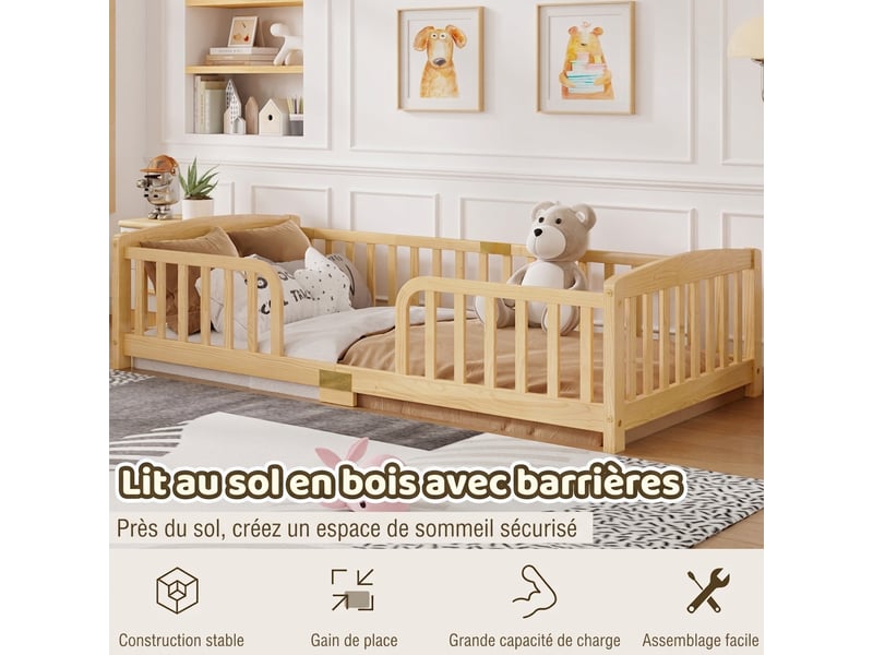  Lit enfant 90x200 cm au sol avec barrière de sécurité en bois de pin naturel - accès central sécurisé  - Conforama D