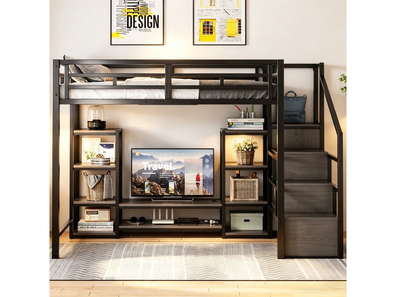  Lit mezzanine 140x200 cm noir avec support tv, prise intégrée et échelle de sécurité, métal et bois moderne  - Conforama D