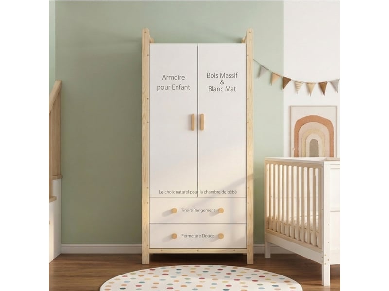  Armoire 2 portes avec penderie et 2 tiroirs, meuble de chambre blanc et bois naturel, 90x45x180 cm  - Conforama E