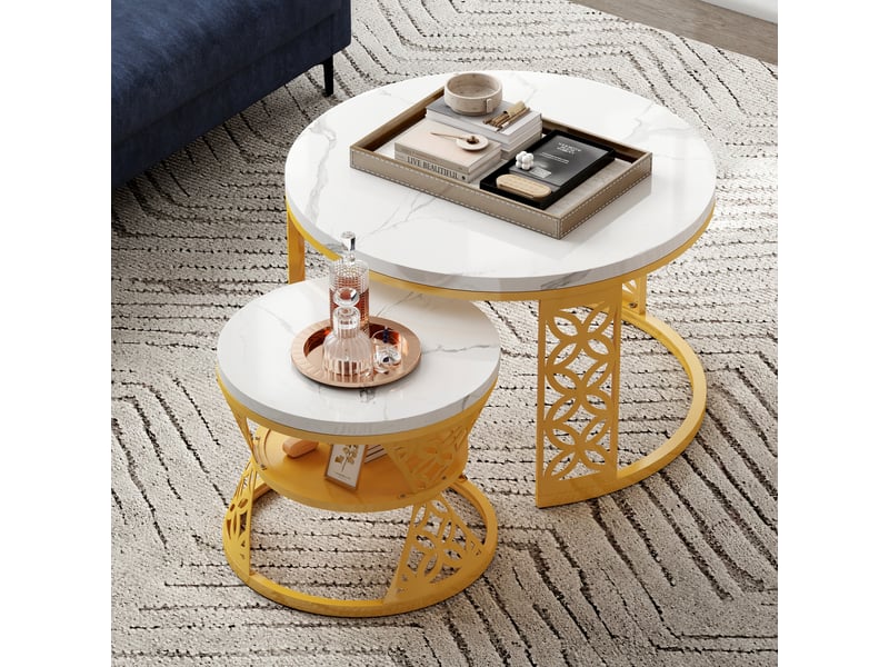  Table basse gigogne 2 pièces effet marbre blanc et structure dorée homvra  - Conforama B