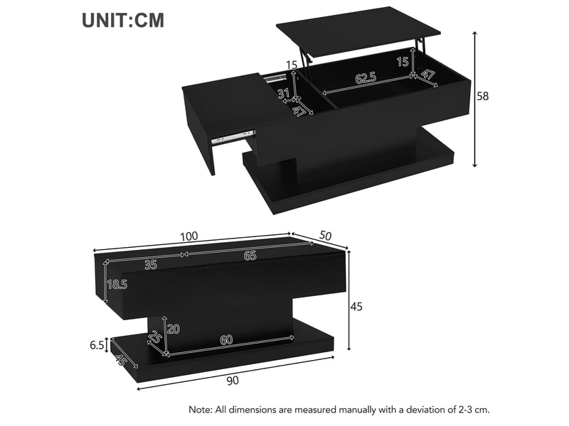  Table basse relevable avec plateau coulissant et led pour salon 100×50×45 cm en panneaux de particules noir  - Conforama E