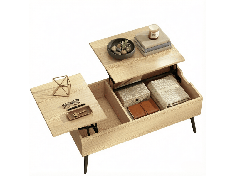  Table basse 100x50 cm à plateaux relevables avec rangements, effet bois naturel et noir  - Conforama A