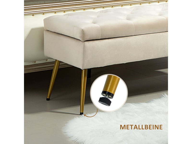  Banc coffre beige effet velours, couvercle, cadre métallique, rangement, 102x35x43 cm  - Conforama E