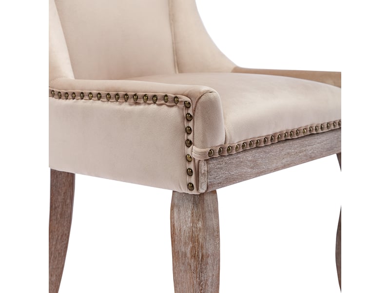 Lot de 2 chaises de salle à manger velours beige, pieds bois massif, clous décoratifs, pour cuisine et séjour  - Conforama E