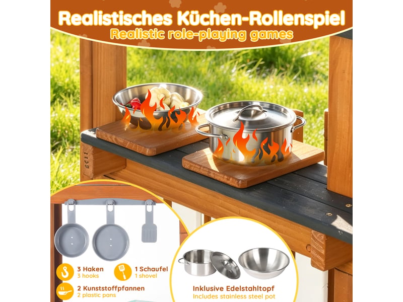 Cuisine enfant extérieure en bois, cabane de jeu avec accessoires, horloge, pots de fleurs, clôture ouvrante et espace cuisine pour enfants dès 3 ans - Conforama D