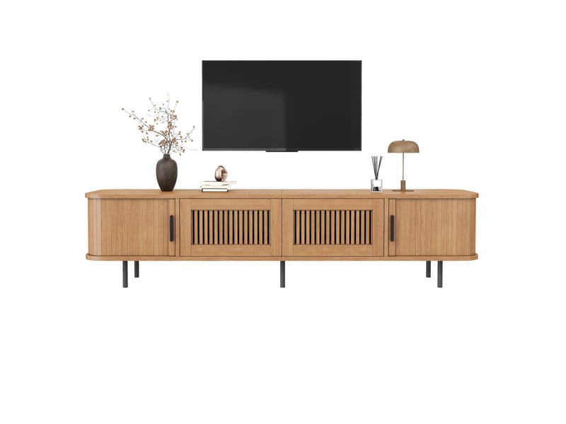  Meuble tv bas 180 x 40 x 44,5 cm – naturel – portes coulissantes, led app et rangements intégrés  - Conforama A