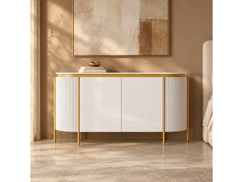 Buffet avec 4 portes, étagère intérieure et passe-câbles, pour salon ou entrée, en mdf blanc, 140 × 38 × 80 cm - Conforama B