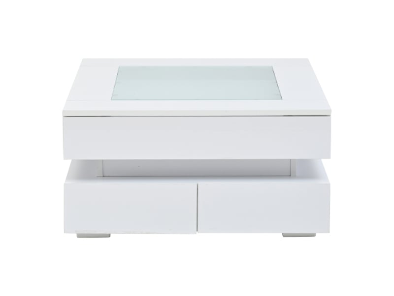  Table basse en verre 70x70 cm – led, design géométrique, 3 tiroirs, blanc brillant – idéale pour petits espaces  - Conforama A