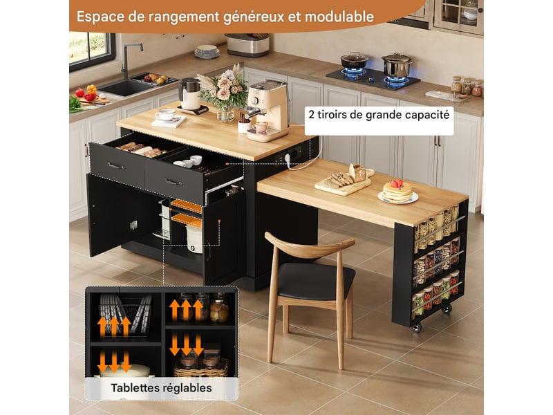  Ilot de cuisine avec table extensible mdf noir 132x60x93 cm - pangivo  - Conforama D