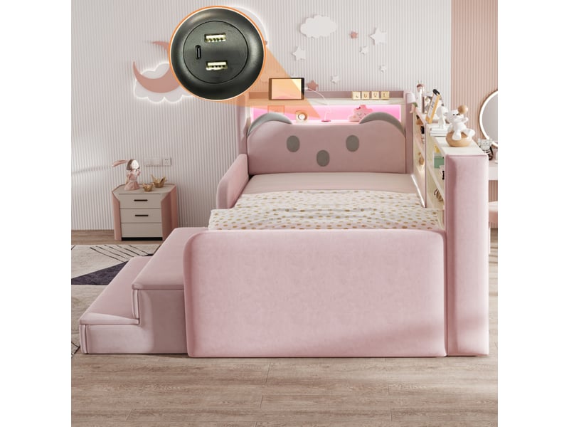  Lit enfant 90x200 cm rembourré en velours avec tête de lit rangement, tiroir, banc amovible, led et usb - beige  - Conforama E