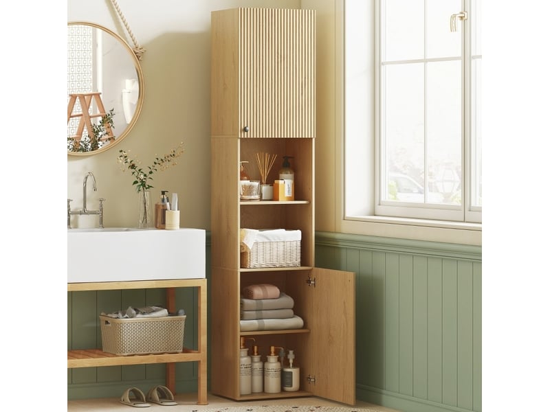  Armoire de salle de bain haute, 6 niveaux, 2 armoires, 2 étagères ouvertes, bois, couleur chêne  - Conforama B