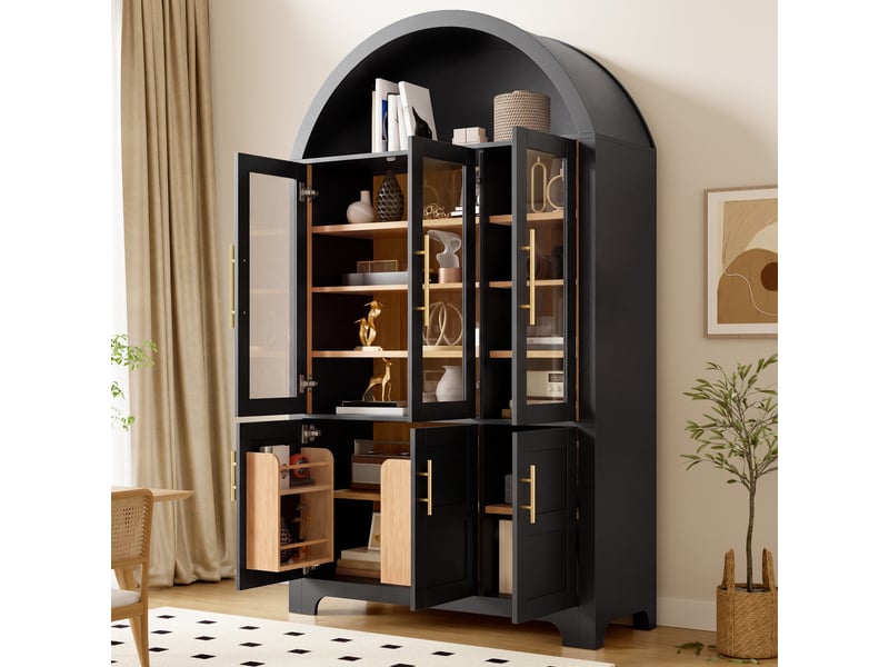  Buffet haut 110x40x185cm, 3 vitrines en verre, 3 compartiments fermés, étagères réglables, niche arrondie, mdf et panneaux de particules, noir ABC - Conforama E