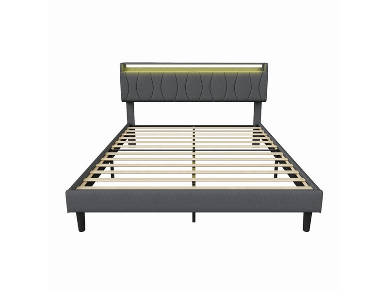  Lit 140x200cm - lit double 140x200cm - lit rembourré en tissu lin avec tête de lit à étagère, led rgb et usb - gris  - Conforama A