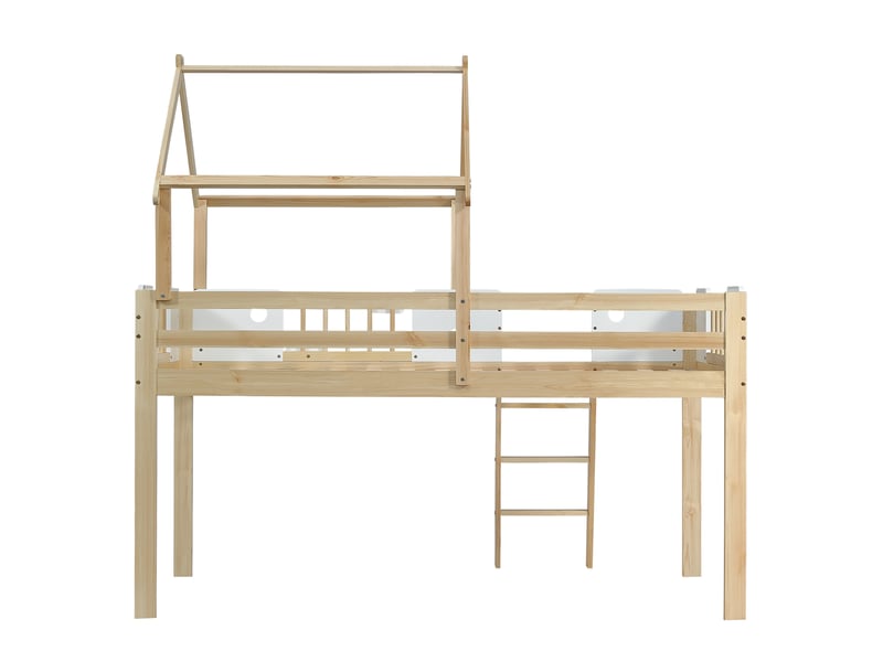 Lit mezzanine enfant avec barrière de sécurité et protection antichute, toit au design unique, échelle inclinée à trois marches, structure en pin, mdf et contreplaqué, blanc et naturel, 90 x 200 cm - Conforama E