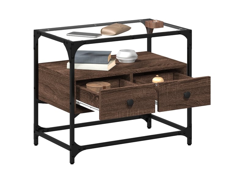  Meuble tv - banc tv - meuble de rangement avec dessus en verre chêne marron bois d'ingénierie  - Conforama C
