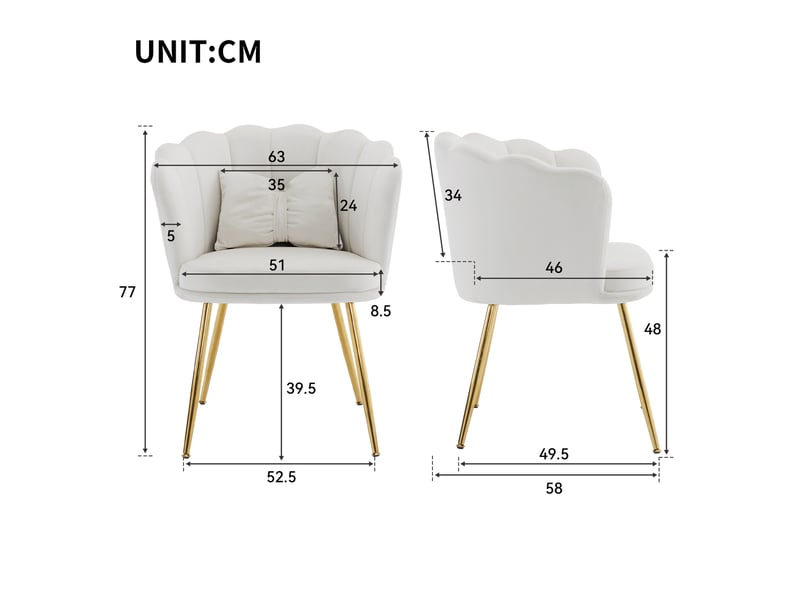  Lot de 4 chaises de salle à manger 63x58x77 cm, dossier pétale, coussin, pieds en métal doré, velours beige  - Conforama C