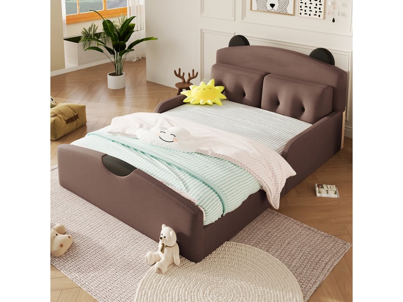  Lit enfant 2 places 140×200 cm avec tête de lit ours rembourrée - okmyhome- 2 coussins, lin café, sans matelas  - Conforama C