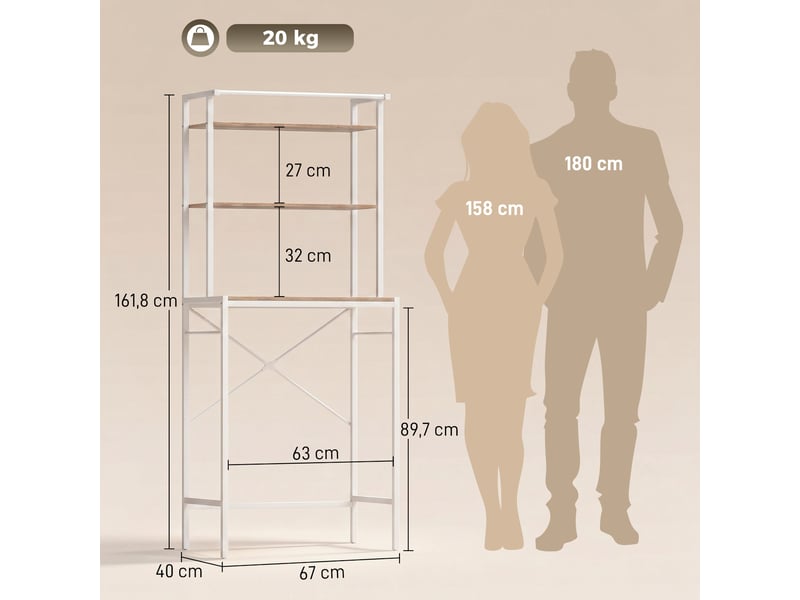 Étagère de machine à laver 3 niveaux, marron et blanc, meuble pour lave-linge et sèche-linge avec barre de suspension - Conforama C