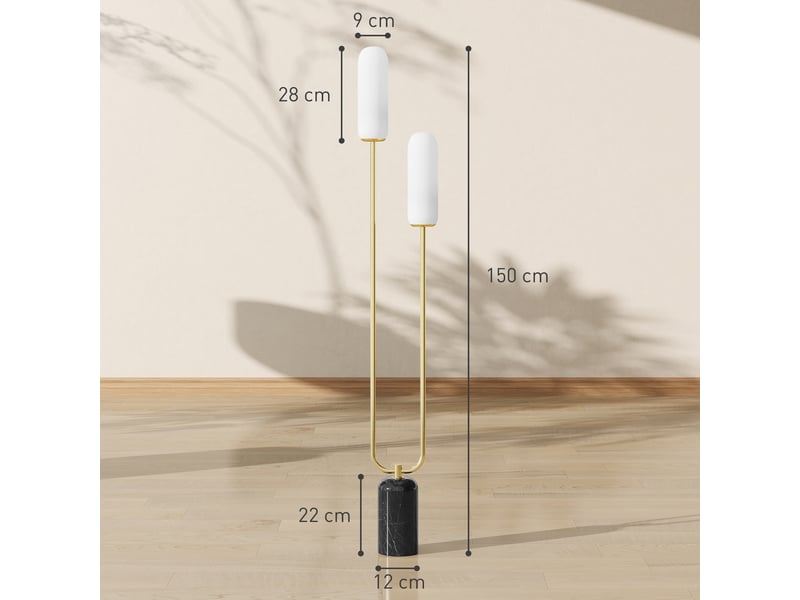  Lampadaire sur pied de salon lampe sur pied avec 2 abat-jours en verre, base en marbre et interrupteur à pied, blanc  - Conforama E