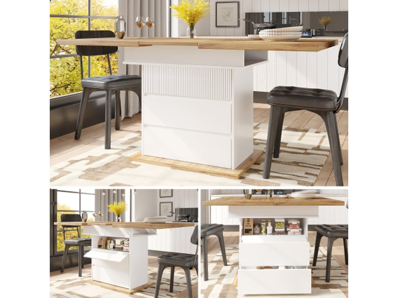  Table à manger 110-140 × 80 cm, table de cuisine pour 4 à 6 personnes, avec trois niveaux de rangement, blanc  - Conforama D