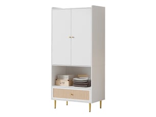 Armoire penderie 2 portes 1 tiroir en rotin pe blanc et naturel 80x48x175 cm