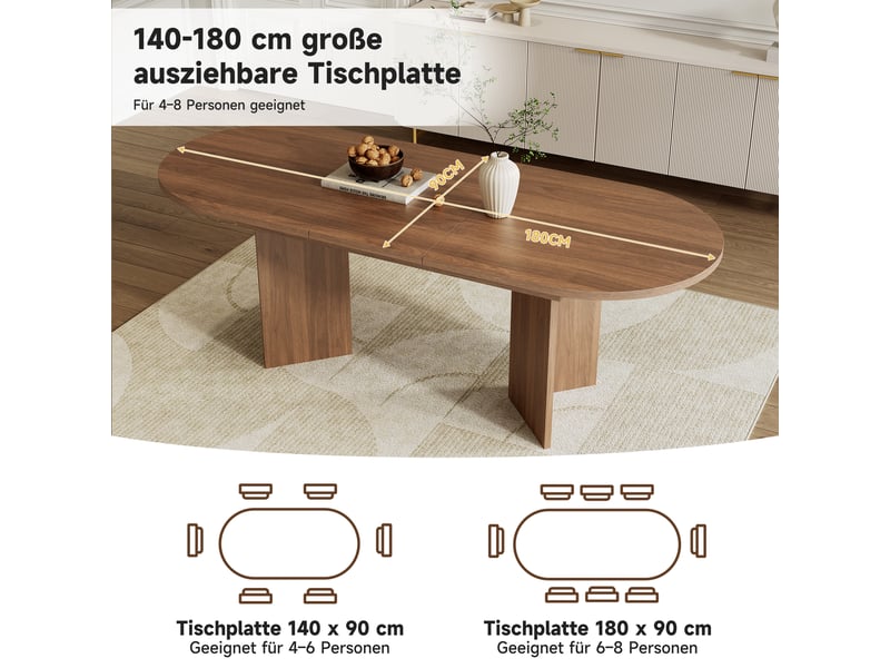  Table de salle à manger extensible 140-180x90x75 cm, 6 à 8 personnes, plateau épais et angles arrondis, design simple, mdf, effet noyer Sol Morn - Conforama E