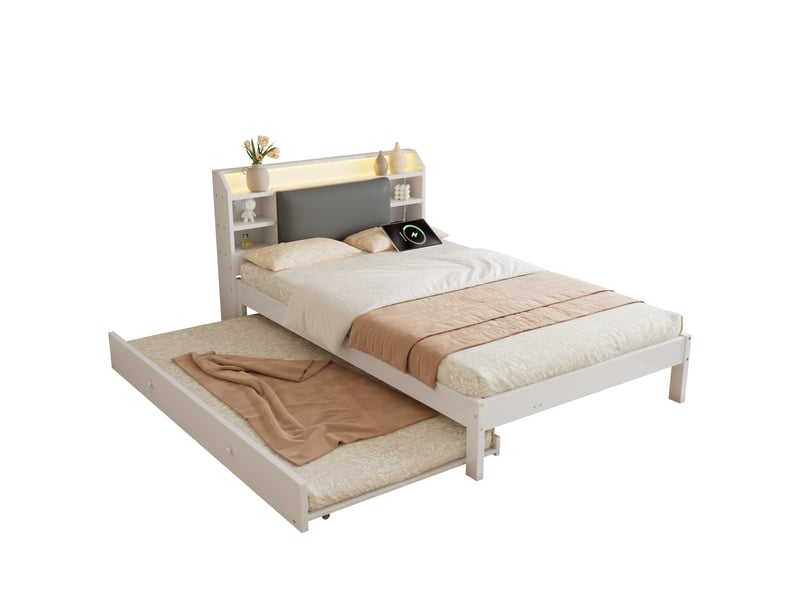  Lit banquette 120x200 cm avec lit gigogne 90x190 cm-led et prise de charge-tête de lit rembourrée avec rangement-blanc  - Conforama A