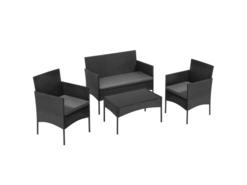 Salon de jardin avec canapé 2 places, 2 fauteuils et table basse - coussins - résine tressée, verre et fer - noir - Conforama A
