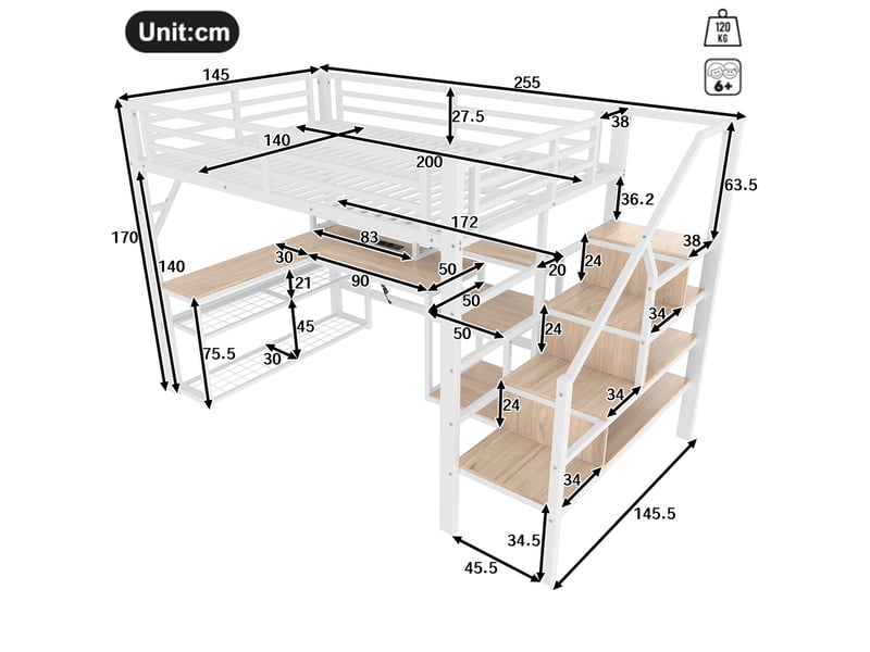  Lit mezzanine 140x200 cm avec bureau, led et rangements blanc  - Conforama C