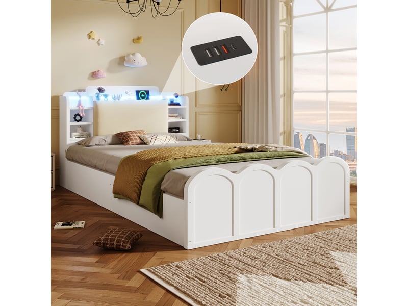  Lit 90x200 cm blanc, rangement hydraulique, led, usb-c, appli et tête de lit coffre  - Conforama D
