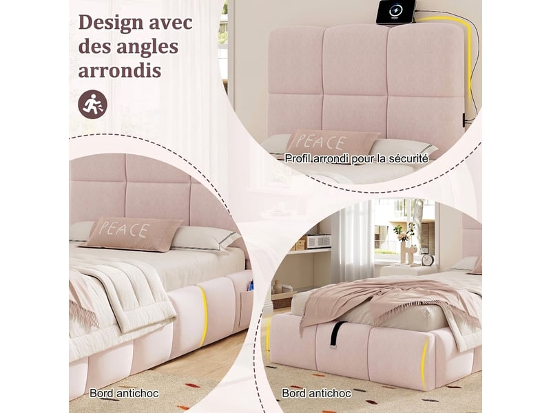  Lit enfant 90x200 velours rose - lit coffre hydraulique avec port usb et tête de lit capitonnée  - Conforama E