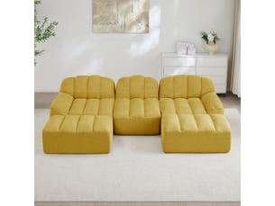 Canapé panoramique coquille 3 places, 2 poufs jaune – 288 x 165 x 79 cm