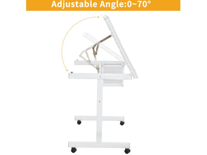 Table de dessin réglable en verre avec 2 tiroirs en tissu et 4 roulettes blanches - Conforama E