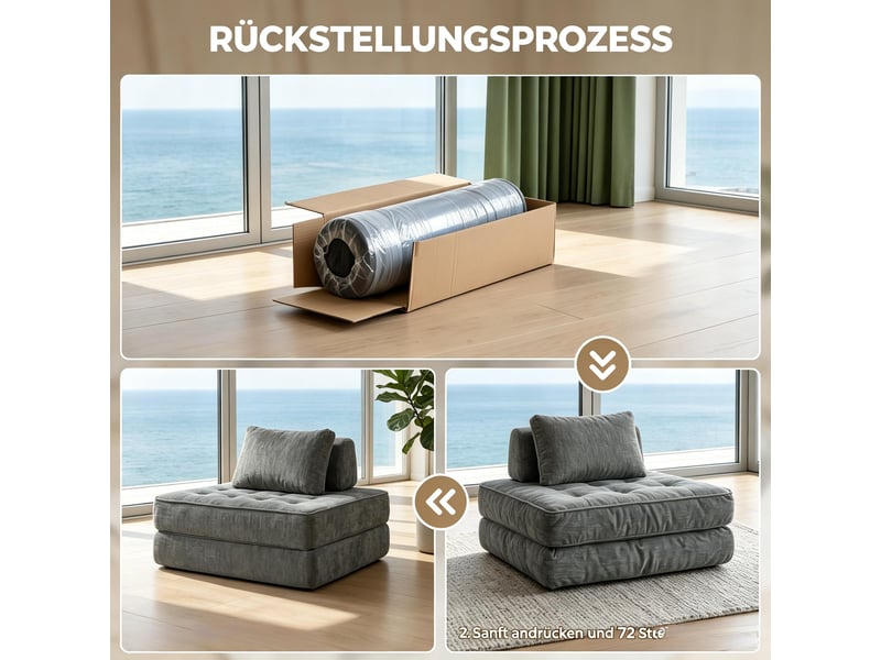  Fauteuil convertible 1 place 2 en 1 avec couchage d’appoint et coussin de soutien, en chenille grise, 97 × 97 × 70 cm  - Conforama E