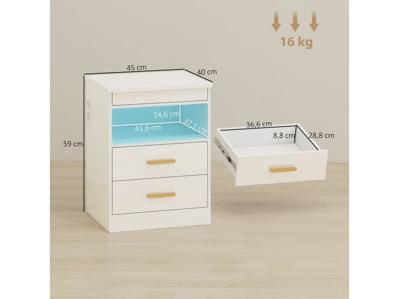  Table de chevet 45x40x59 cm avec station de charge et éclairage led rgb, bois, blanc brillant  - Conforama E