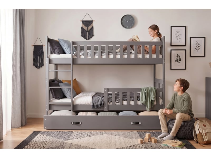 Lit superposé séparable 90x190 cm quba interbeds - bois massif de pin avec barrière, sommier, tiroir – gris - Conforama E