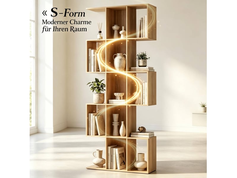 Bibliothèque 5 niveaux 80x24x200 cm – chêne – forme s avec 15 niches ouvertes, gain de place - Conforama E